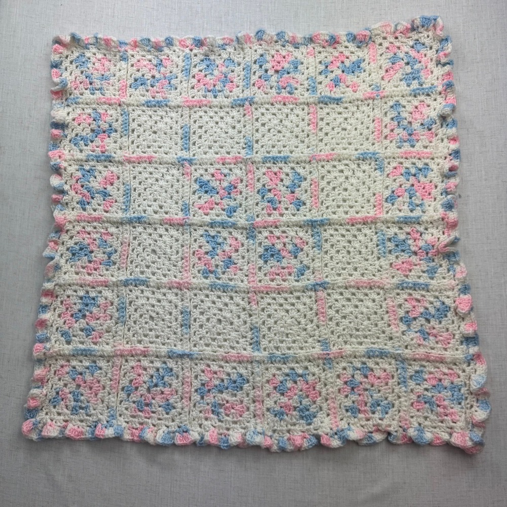 Handmade Crochet Baby Blanket Kids 31x31 Pink Blue White Granny Square VTG 90s